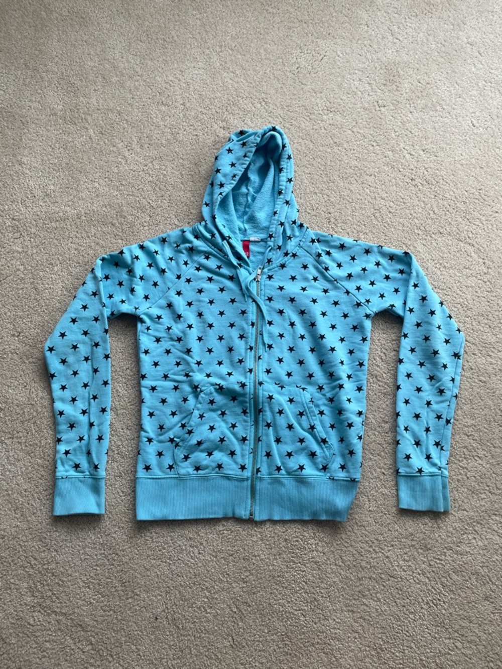 H&M Light Blue Hooded Zip Sweatshirt with Black Star Print size 12